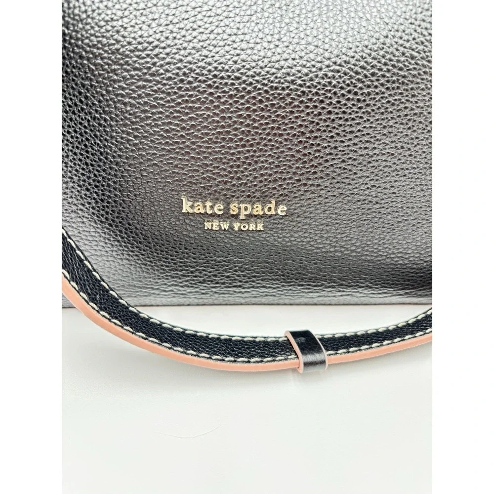 Kate Spade Black Pebbled Leather Shoulder Bag Tassel Logo‎ Hobo Purse